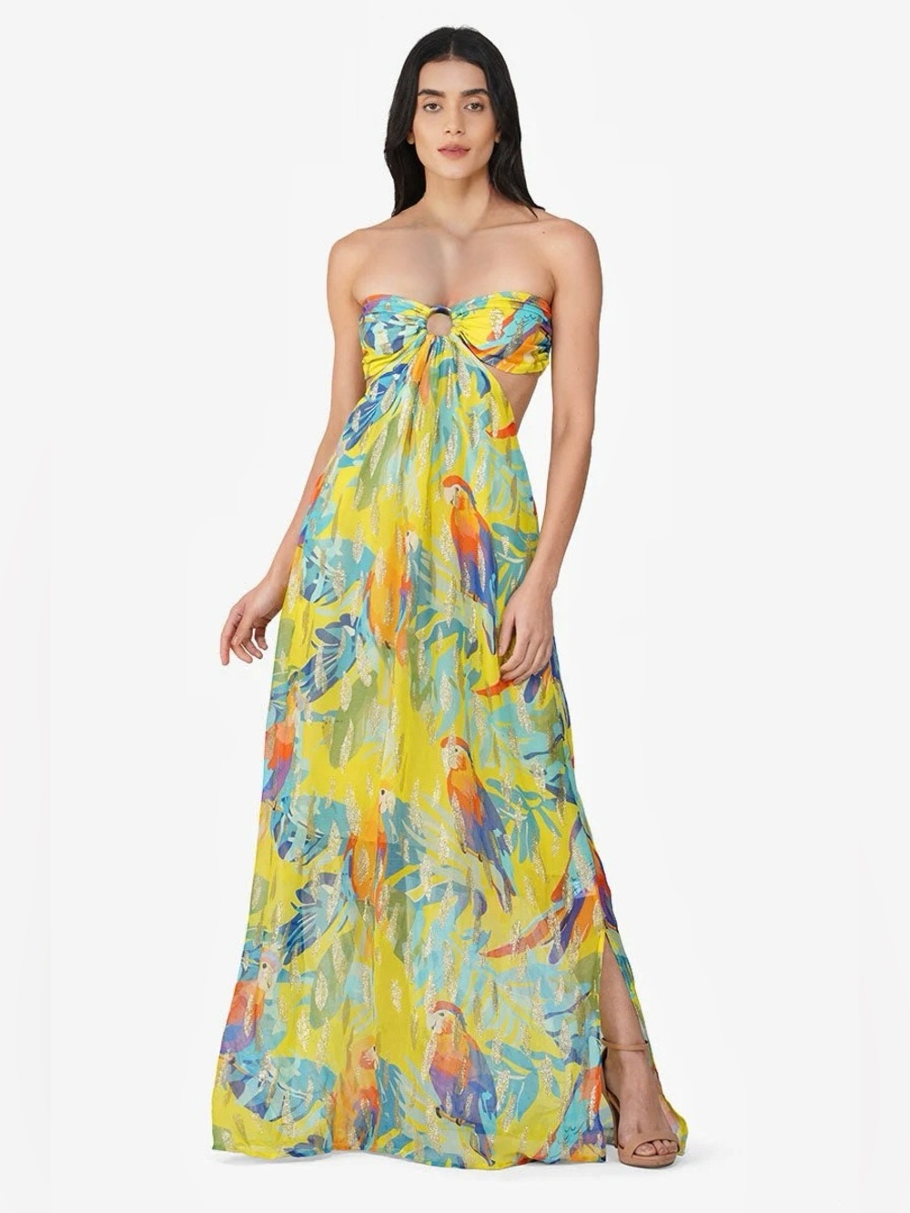 NWT FARM RIO SILK PERU strapless Yellow Tropical Parrot Maxi Dress AGUA BENDITA